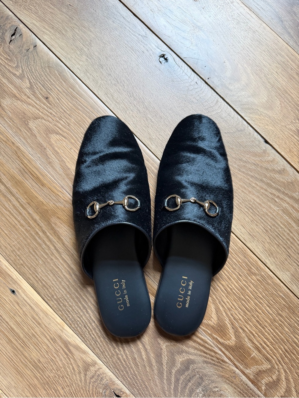 Gucci Black Calfhair Horsebit Slide Mules